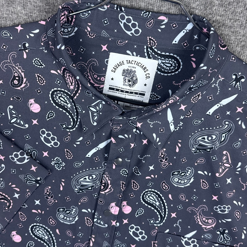 Savage Tacticians Shirt Mens 3XL Paisley All‎ Over Print AOP Snap Short Sleeve